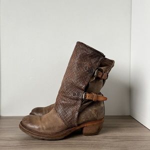 AS.98 Brown Leather Mid Calf Straps Zipper Boots Size 39 / 8.5 US❤️